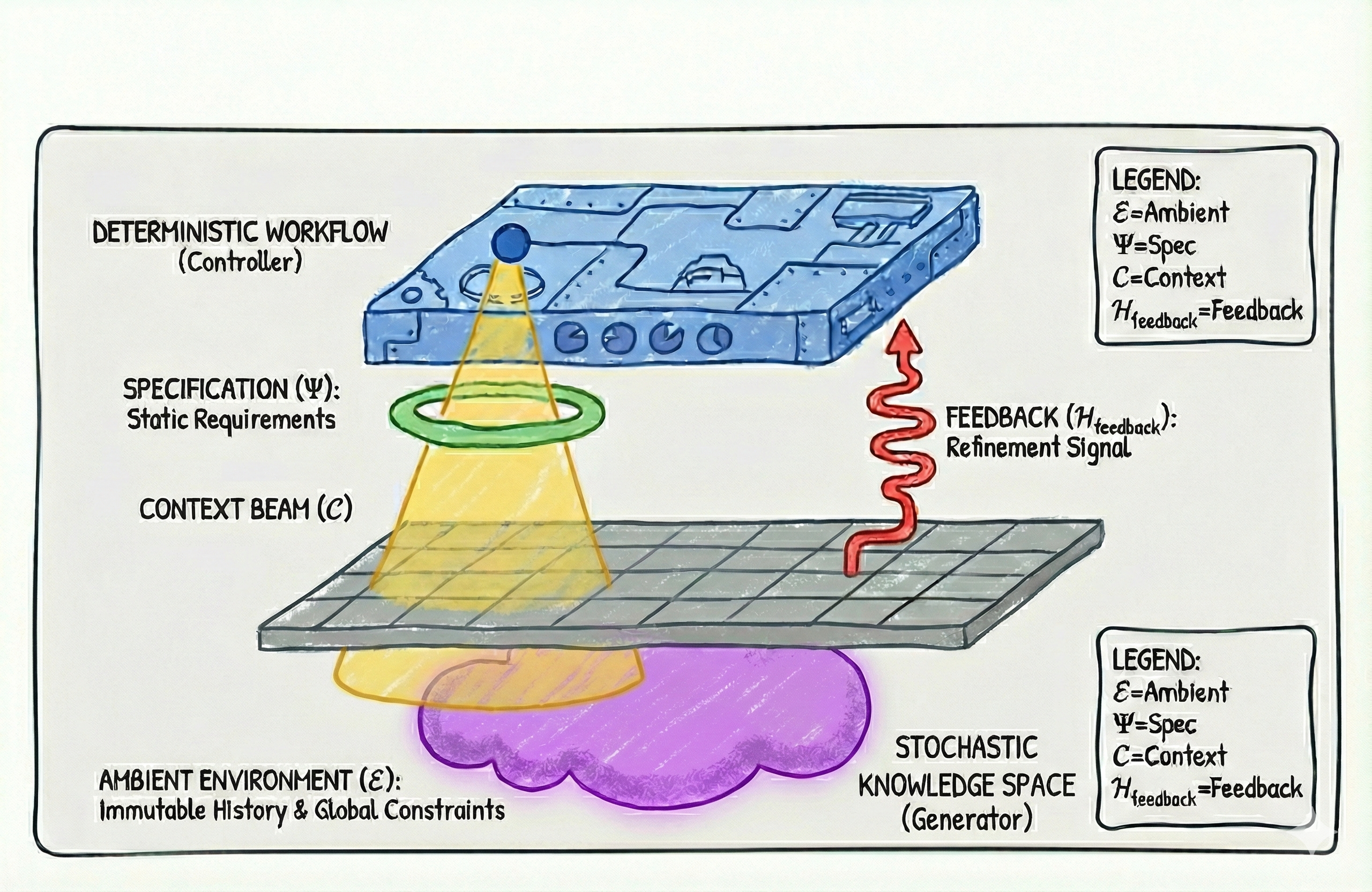 A diagram illustrates the interaction between a deterministic workflow, specification, context beam, ambient environment, feedback, and stochastic knowledge space, complete with a legend explaining the components.