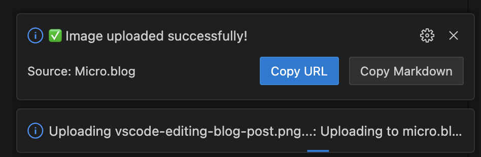 A dialog box shows the successful upload of an image to Micro.blog with options to copy the URL or Markdown.