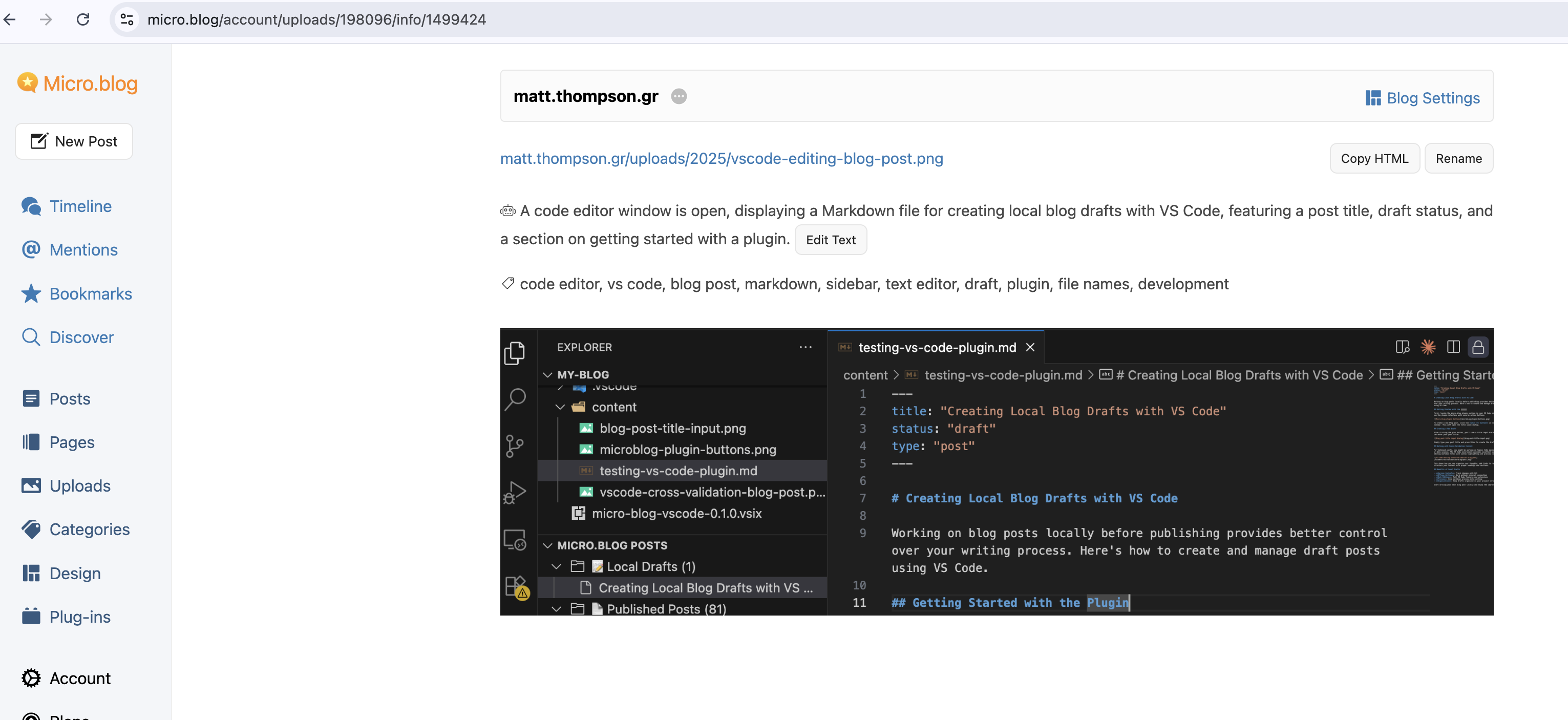 A code editor window on a screen displays a Markdown file for creating blog drafts with a visible side panel and snippet of code.