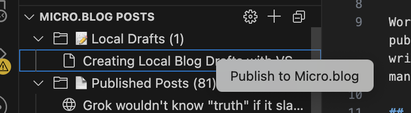 A user interface displays options for managing local drafts and published posts in a blogging application, with a highlighted option to publish to Micro.blog.
