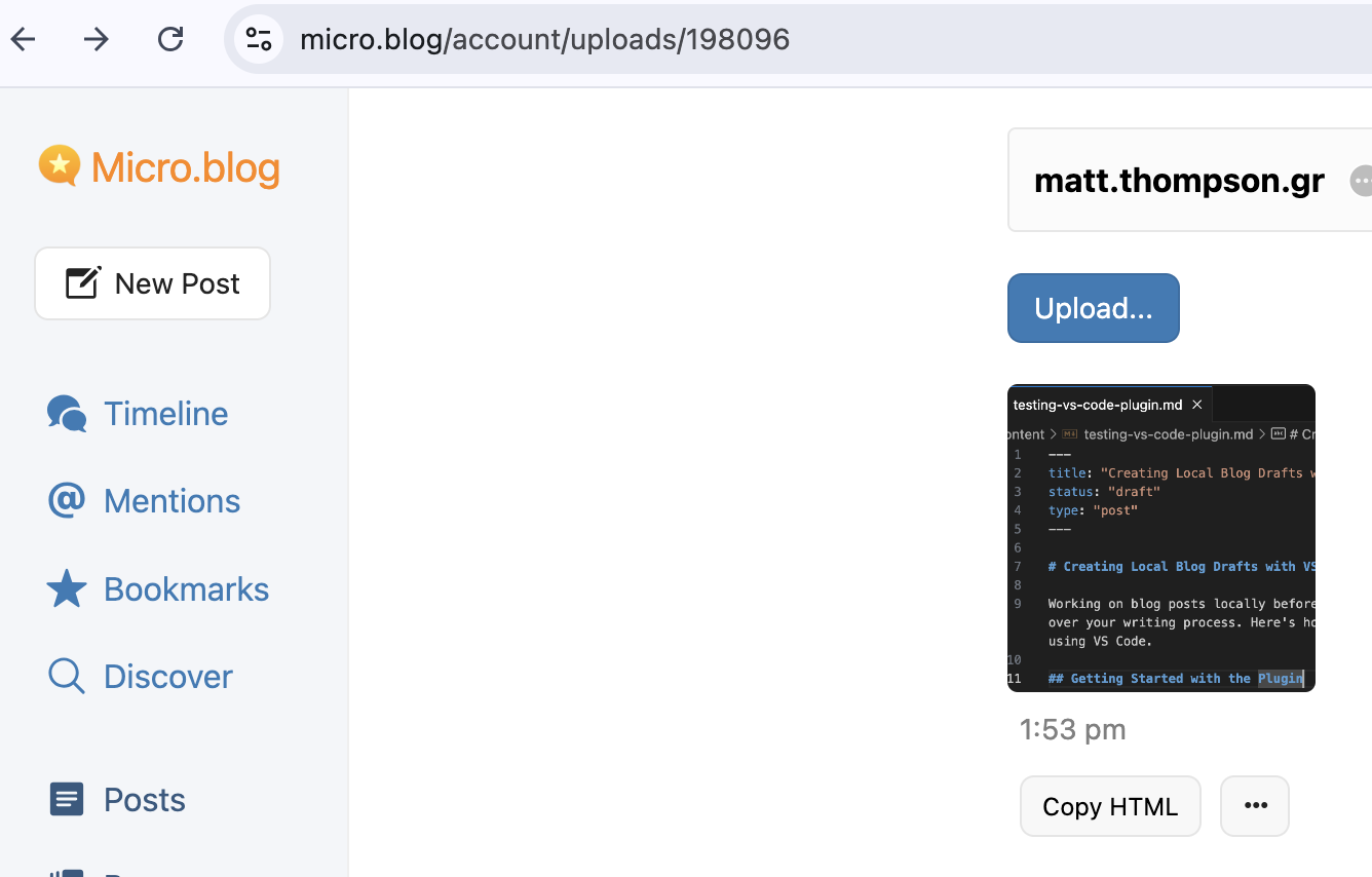 A screenshot of a Micro.blog account interface featuring a blog post editor with code snippets displayed.