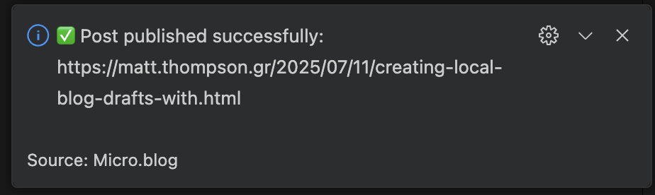 A notification confirms the successful publication of a blog post on Micro.blog with a provided URL.