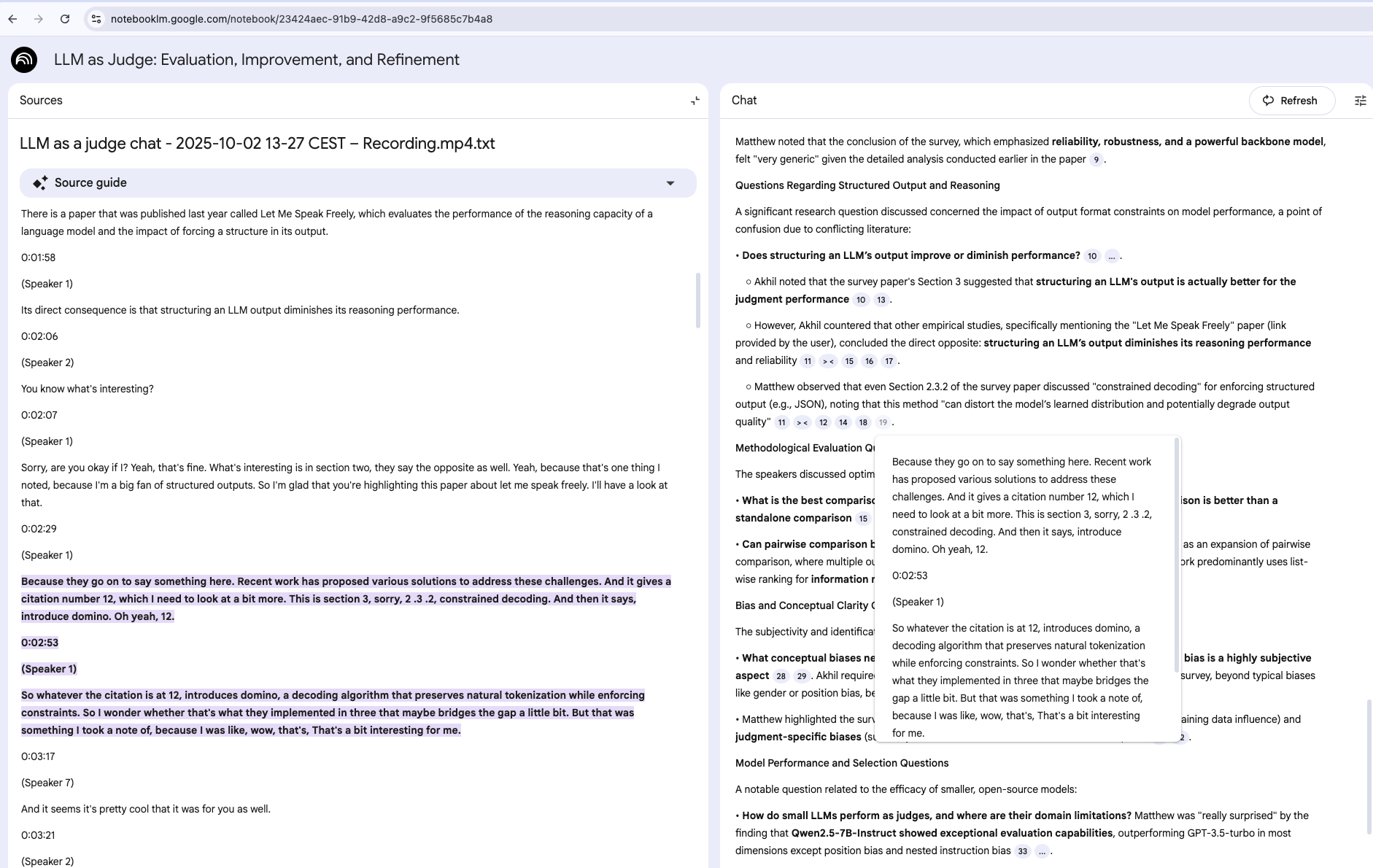 A digital document titled LLM as Judge: Evaluation, Improvement, and Refinement is displayed, featuring sections on goals, observations, context, and dialogue among participants.