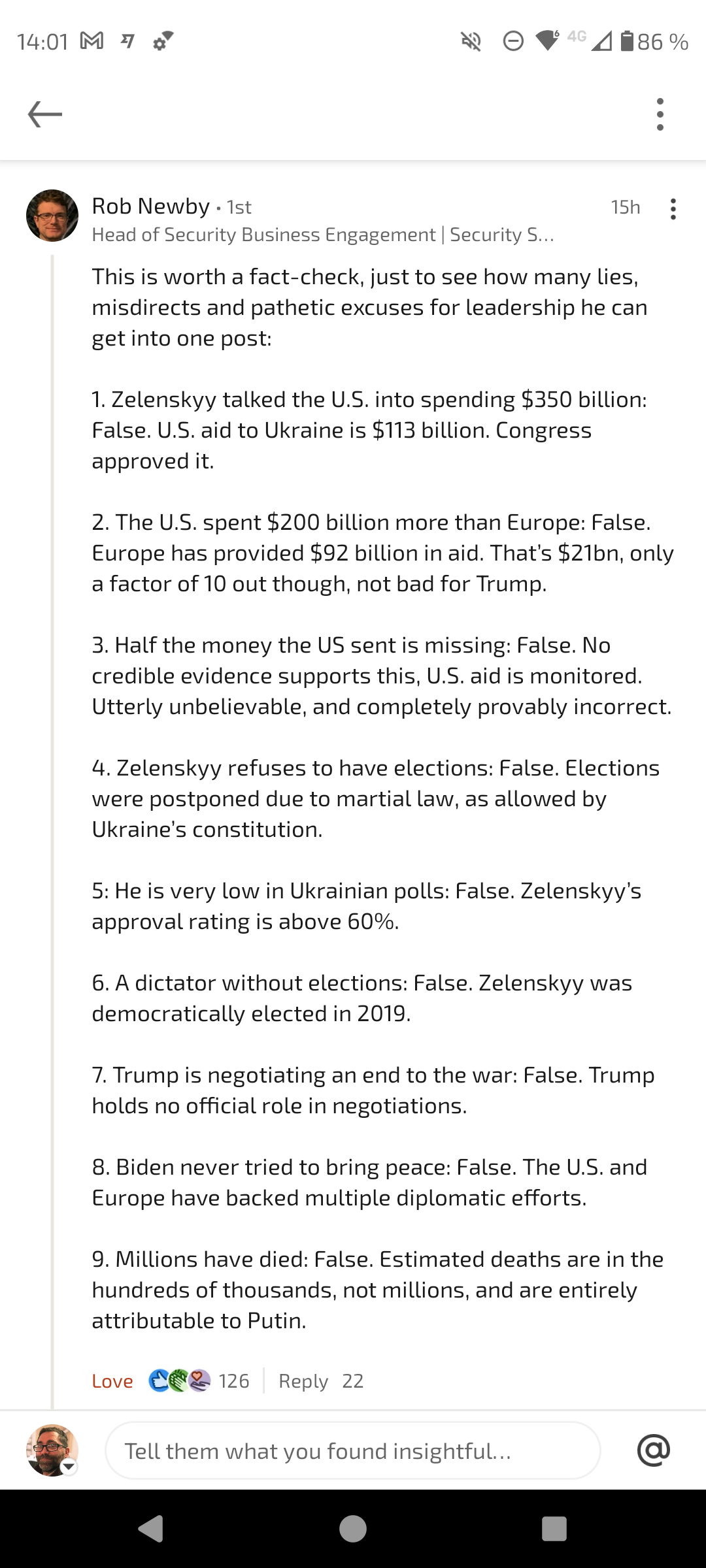 Auto-generated description: A Facebook post is fact-checking various claims related to Ukraine and Trump, labeled as false, and includes reactions and engagement metrics.