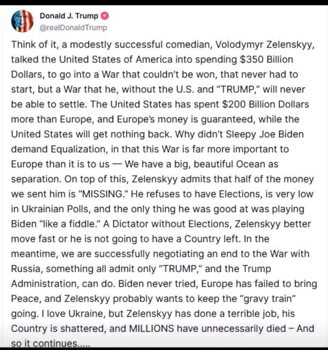 Auto-generated description: A social media post criticizes U.S. involvement in Ukraine, mentioning Volodymyr Zelenskyy, Joe Biden, and financial expenditures on the war.