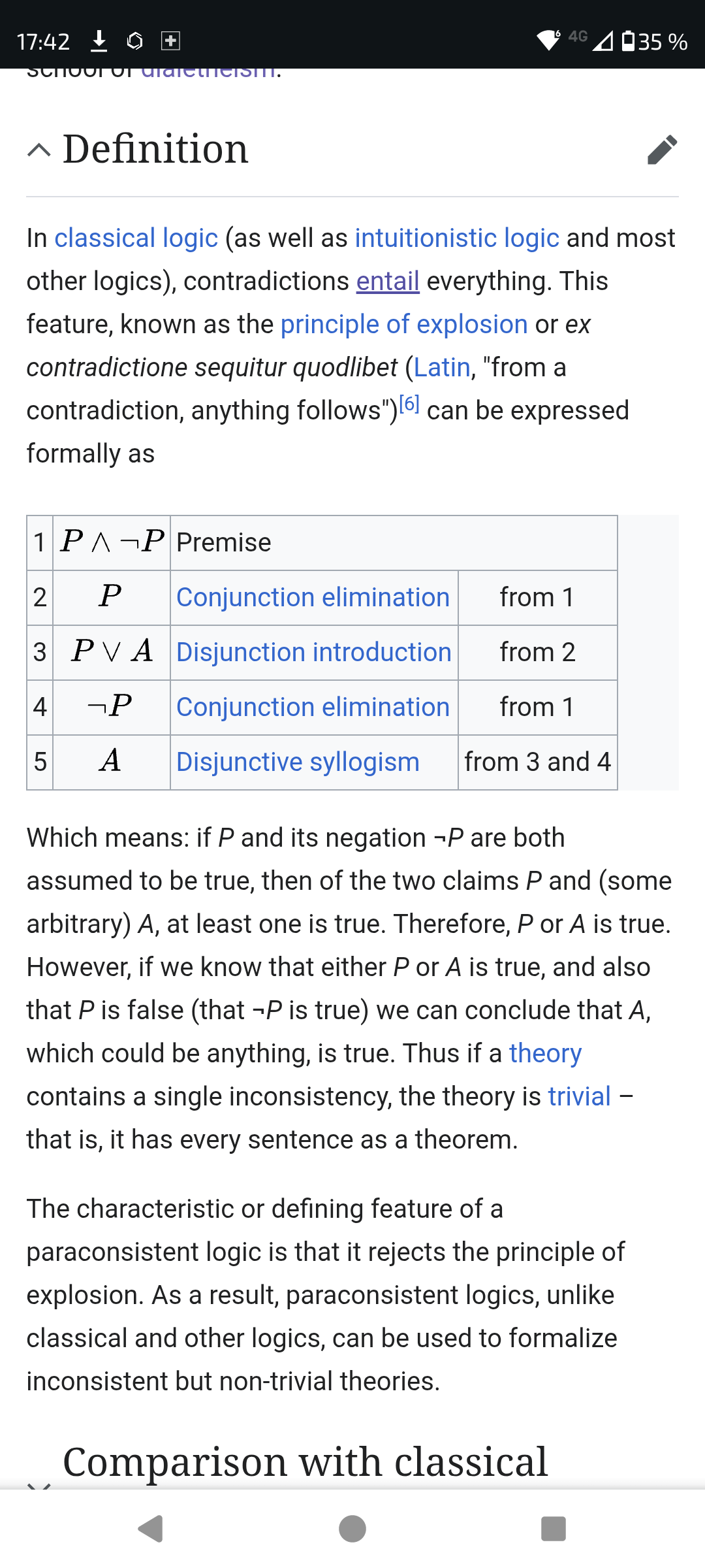 A Wikipedia page excerpt explains the principle of explosion in classical logic with a table illustrating logical premises and rules.